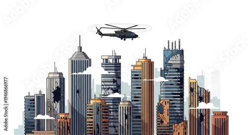 Helicopter flying over skyscrapers.