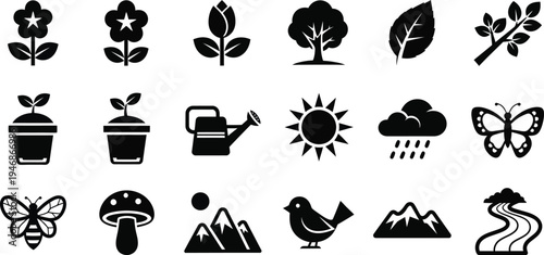 Black and white nature set plants animals weather