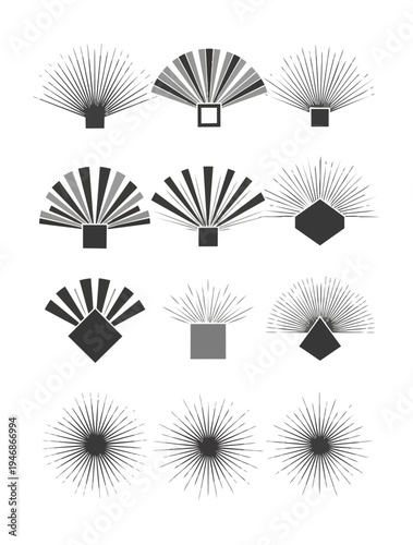 Abstract geometric fan designs arrayed on black backgrounds