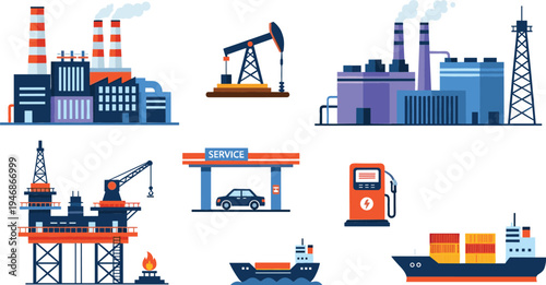 Oil and Gas Industry Icon Set with Refinery Plant, Offshore Platform, Pumpjack, Fuel Station, Tanker Ship and Energy Production Vector Collection