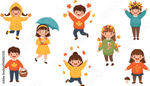 Happy Kids Playing in Autumn with Falling Leaves, Warm Clothes, Umbrella and Harvest Basket Cute Seasonal Cartoon Children Vector Illustration Set