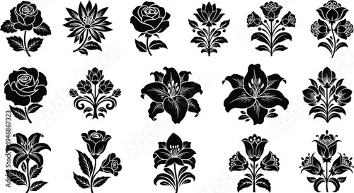 Black floral on white background flowers silhouettes
