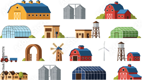 Farm Buildings and Agriculture Infrastructure Icon Set with Barn, Silo, Windmill, Greenhouse, Tractor and Rural Farming Facilities Vector Collection