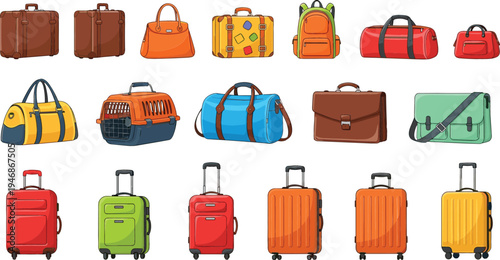 Travel Bag and Suitcase Collection with Backpack, Briefcase, Handbag, Pet Carrier and Rolling Luggage Icons for Tourism and Vacation Vector Set