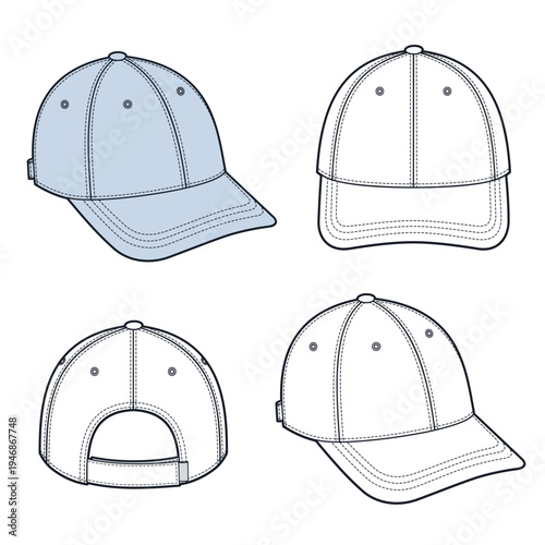 Tennis Cap Fashion Flat Technical Drawing, Athletic Baseball Hat CAD Template Front Back and Side Views