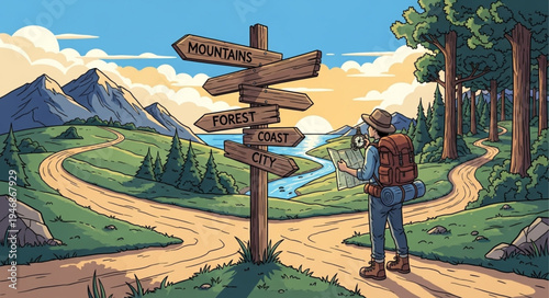 Hiker at Crossroads Signpost Wilderness.