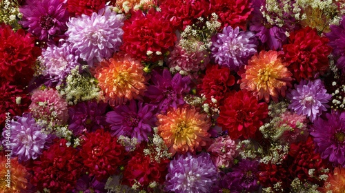 Chrysanthemum magic: a burst of wedding elegance. Copy space. Opulent wedding setting with a vibrant chrysanthemum floral wall. Clear focus. Design template.