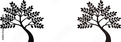 Black silhouette of two small deciduous trees with many leaves and curved trunks, nature and gardening symbol isolated on a white background.