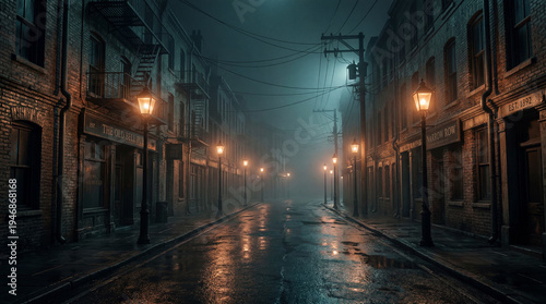 Mysterious dark alleyway in an old city shrouded in thick fog and illuminated by vintage street lamps evoking a dramatic and suspenseful atmosphere