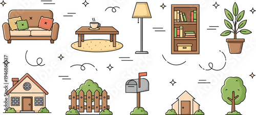 Vector Illustration Set of House and Home Furniture Elements Including Sofa Bookshelf Coffee Table Mailbox and Garden Fence Isolated on White