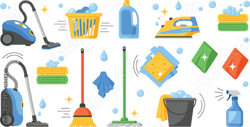 Vector Illustration Set of House Cleaning Tools and Supplies Including Vacuum Cleaner Broom Mop Bucket and Detergent Isolated on White