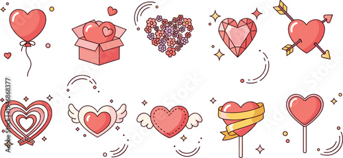 Vector Illustration Set of Heart Symbols and Romantic Elements Including Heart Balloons Wings Flowers and Cupid Arrows Isolated on White