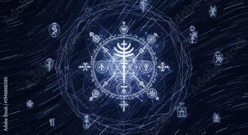 Mystical Occult Symbol Circle with Runes and Stars