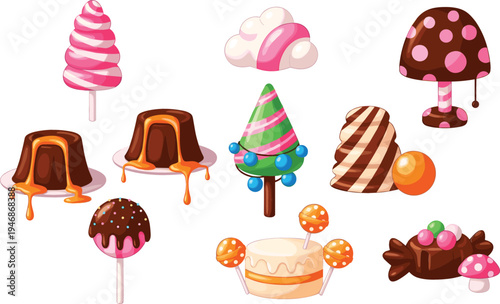 Sweet Candy and Chocolate Dessert Icon Set with Lollipop, Caramel Pudding, Jelly, Mushroom Candy and Colorful Sugar Treat Vector Collection