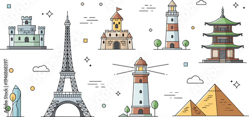 Vector Illustration Set of Famous World Landmarks and Historical Monuments Including Eiffel Tower Pyramids Pagoda and Castles Isolated on White