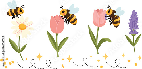 Vector Illustration Set of Cute Cartoon Bees Pollinating Flowers Including Daisies Tulips and Lavender Isolated on White
