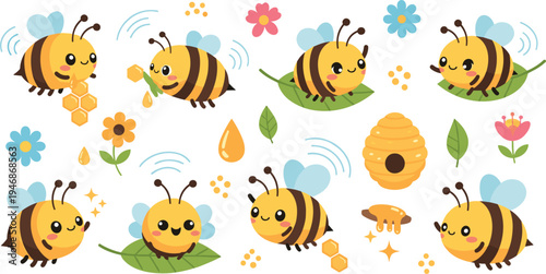 Vector Illustration Set of Cute Cartoon Bees Including Honeycombs Beehive Flowers and Honey Drops Isolated on White