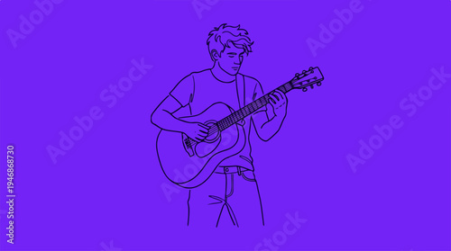 A person playing an acoustic guitar with a focused expression.