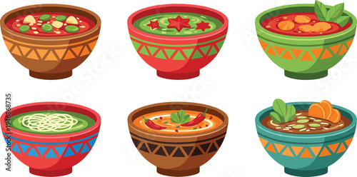 Mexican Traditional Soup and Food Bowl Set with Decorative Ceramic Dishes, Spicy Broth, Herbs, Vegetables and Authentic Cuisine Vector Illustration Collection