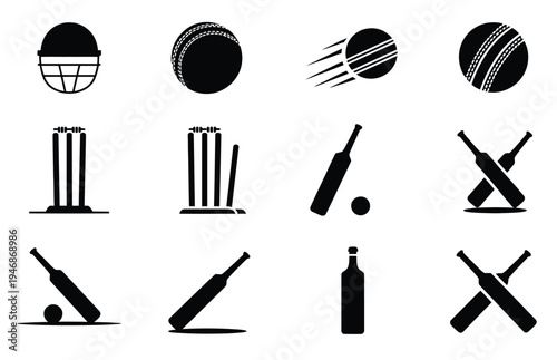 Black silhouette cricket icons collection, featuring bats, balls, stumps, and players in action for sports illustration, cricket graphics, and vector design projects.