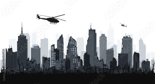 Helicopter flying over city skyline.