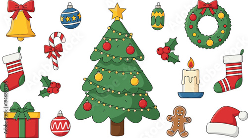 Christmas Holiday Icon Set with Decorated Christmas Tree, Wreath, Santa Hat, Gift Box, Candy Cane, Stocking, Gingerbread Cookie and Festive Decoration Elements