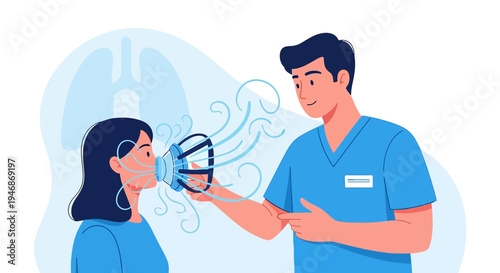 Doctor helps patient with breathing exercise using respiratory device