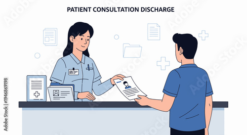 Doctor giving discharge papers to patient at hospital reception desk