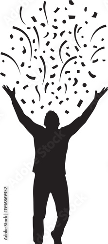 Celebrating man silhouette vector throwing confetti in air with raised arms for happiness