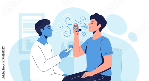 Doctor examining patient using inhaler for asthma treatment, medical consultation