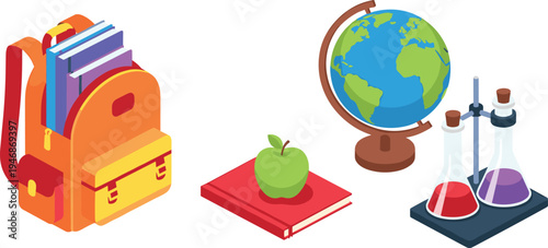 School Education Objects Cartoon Set with Backpack Books Apple Globe and Chemistry Laboratory Equipment Vector Illustration