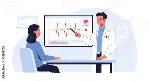 Doctor explains EKG results to patient, showing heart health on screen