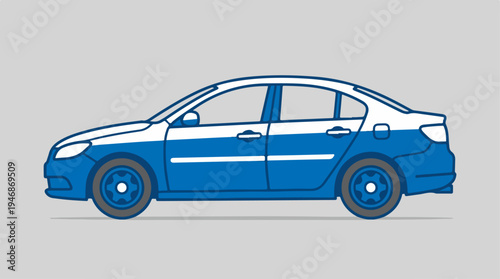Blue and white sedan car illustration on a gray background.