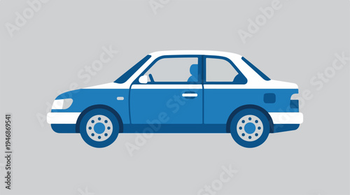 Blue and white coupe car illustration on a gray background.