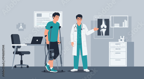 Doctor Explains Knee X-ray to Patient with Crutches in Medical Office