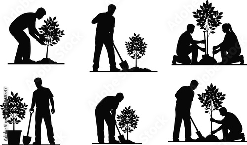 Collection of people planting trees silhouettes, gardeners digging soil and planting young plants, environmental conservation and gardening activity isolated on light background