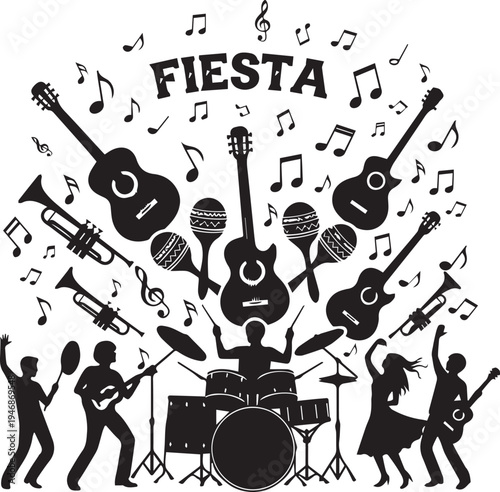 Fiesta celebration silhouette vector illustration with music instruments and dancing people