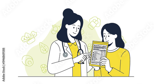 Doctor explains nutrition label to patient, healthy eating consultation, medical advice