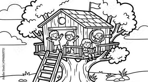 Black and white line art children playing in treehouse reading book looking through telescope outdoor nature landscape drawing