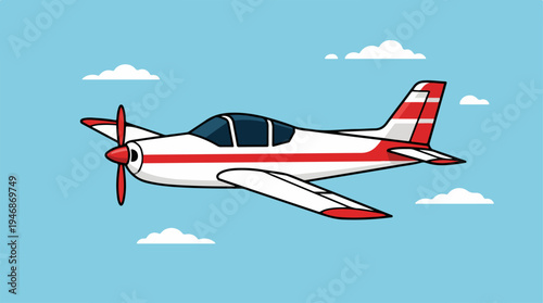 Cartoon Airplane Flying in the Sky with Clouds and Blue Background.