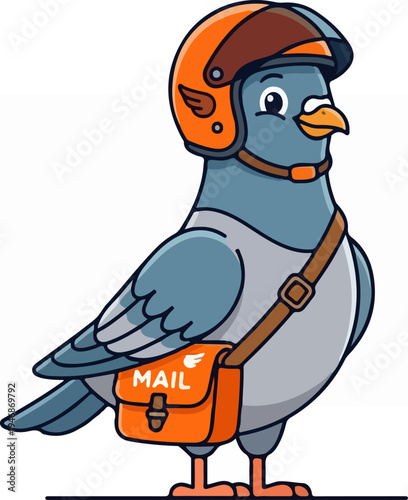 Cartoon pigeon wearing a helmet and carrying a mail bag.