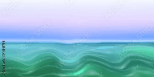 Turquoise Sea Ocean Horizon  Scenery Seascape Calm Ocean. Blurred Color Gradient Background Vector Illustration. Panoramic  Landscape, line of waves in water, relax seascape scenery