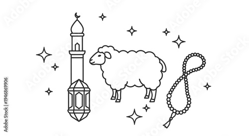 Eid al-Adha sheep and mosque illustration.