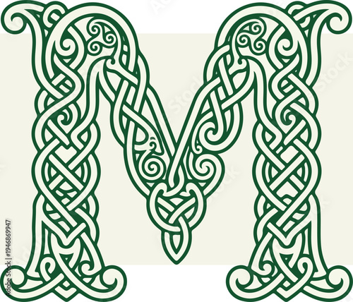 Celtic Knotwork Letter M - Intricate Green Design on Cream Background.