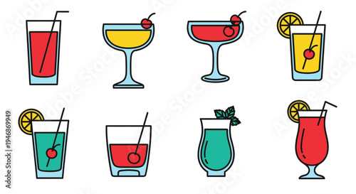 Colorful cocktails with garnishes and straws.