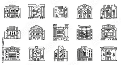 Collection of Theater Building Illustrations in Black and White.