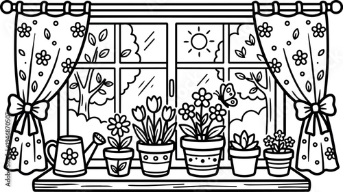 Black and white line art window view with flower pots watering can butterfly and floral curtains on sunny day