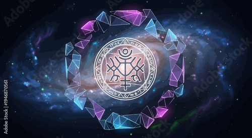 Mystic Cosmic Symbol with Geometric Crystal Frame and Galaxy Background