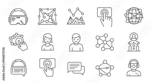 Line art icons depicting virtual reality, augmented reality, metaverse, and digital interaction concepts with users and networks.