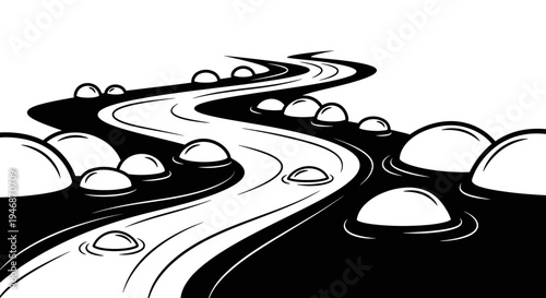 Stylized black and white illustration of a winding river with smooth, round stones in and along its banks, creating a serene natural landscape.